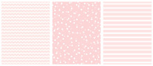 Cute White And Pink Geometric Seamless Vector Pattern Set. Polka Dots, Tiny Chevron And Vertical Stripes On A Light Pink Background. Lovely Pastel Color Infantile Repeatable Design. 