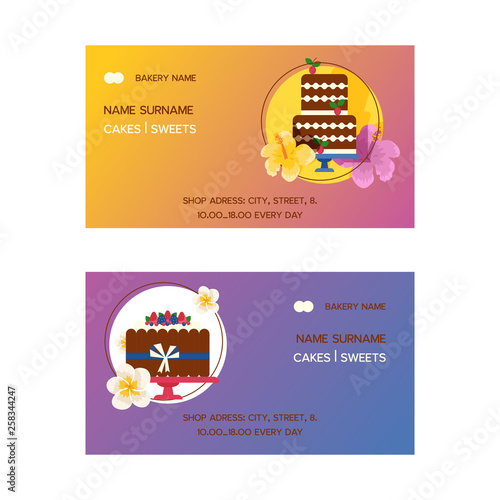 Cakes set of business cards vector illustration. Chocolate and fruity dessert...