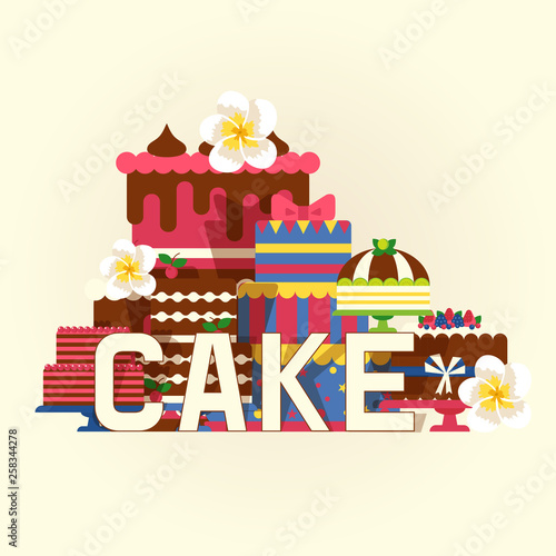 Cake banner, poster vector illustration. Chocolate and fruity desserts for sw...