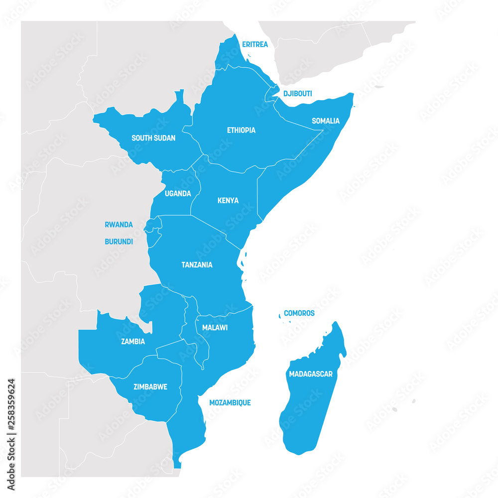 East Africa Region. Map of countries in eastern Africa. Vector illustration