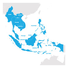 Southeast Asia Region. Map Of Countries In Southeastern Asia. Vector Illustration