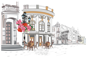 Series of backgrounds decorated with flowers, old town views and street cafes.    Hand drawn vector architectural background. 