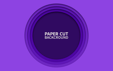 Circle paper cut background. Wavy purple layers. Abstract realistic paper design. Trendy carving art. 3d relief.
