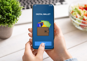 Poster - Woman holding smartphone with digital wallet application