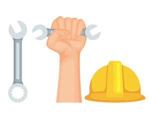 Wall Mural - set hand with wrench and helmet construction equipment