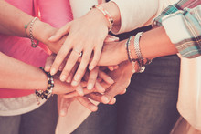 Teamwork And Friendship Together Concept With Hands Put On Hands - Women Power Day For Work And Friends - Caucasian People Team In Vintage Filter Colors