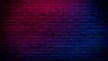 Brick Wall, Background.  Neon Red And Blue Light.