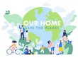 Save the Planet concept with modern multicultural society. Group of different people in community standing together in front of world. Day of the Earth. Environment protection and ecology.
