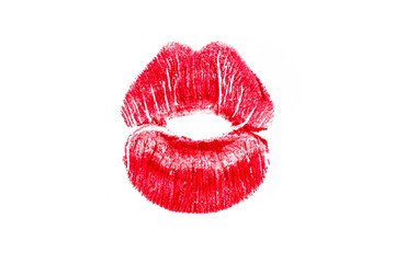 Red lipstick mark beautiful big lips kiss isolated on a white background