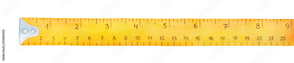 Yellow measuring tape watercolor illustration. Dual scales for metric and imperial units. One single object, above view. Hand drawn water color graphic painting on white, cut out element for design. - obrazy, fototapety, plakaty 