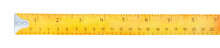 Yellow Measuring Tape Watercolor Illustration. Dual Scales For Metric And Imperial Units. One Single Object, Above View. Hand Drawn Water Color Graphic Painting On White, Cut Out Element For Design.