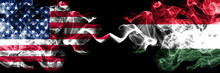 United States Of America Vs Hungary, Hungarian Smoky Mystic Flags Placed Side By Side. Thick Colored Silky Smoke Flags Of America And Hungary, Hungarian