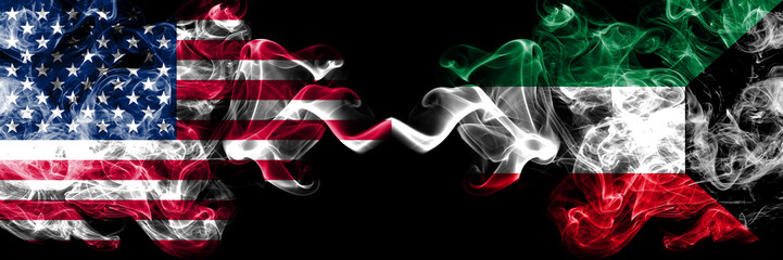 United States of America vs Kuwait, Kuwaiti smoky mystic flags placed side by side. Thick colored silky smoke flags of America and Kuwait, Kuwaiti