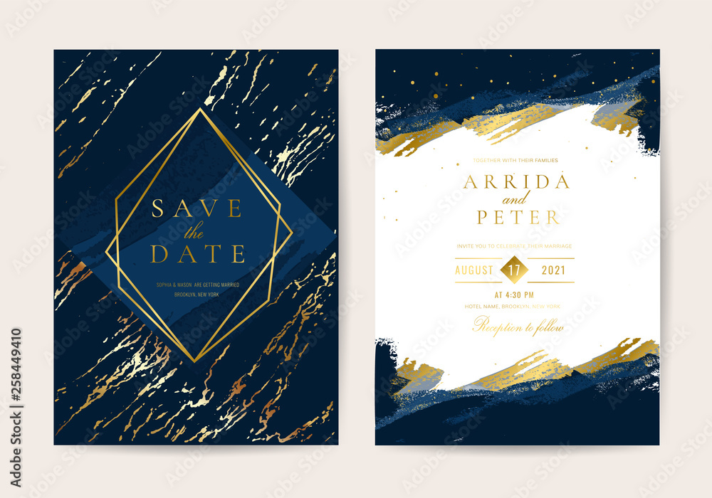 Wedding Invitation, Thank you card, rsvp, posters design collection. Trendy indigo blue and white Marble background texture - Vector - obrazy, fototapety, plakaty 