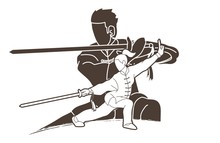 Man And Woman Kung Fu Fighter, Martial Arts With Weapons Action Cartoon Graphic Vector.