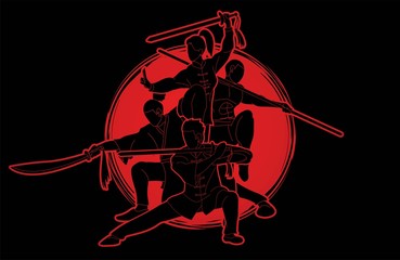 Wall Mural - Group of People Kung Fu fighter, Martial arts with weapons action cartoon graphic vector.