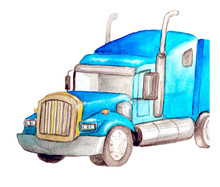 Watercolor Blue Front  Semi-trailer Truck As A Tractor Unit And  Semi-trailer To Carry Freight In White Background Isolated With Copy Space