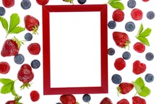 Summer Berries.Berry Frame. Strawberry, Raspberry, Blueberry And  Red  Frame Isolated On White Background.Berry  Season.top View, Copy Space