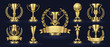 Golden trophy. Realistic champion award, contest winner prizes with laurel shapes, 3d awards banner. Vector golden cup set