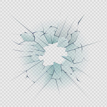 Broken Glass. Cracked Window Texture Realistic Destruction Hole In Transparent Damaged Glass. Vector Realistic Shattered Glass Template