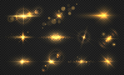 Flashes lights and sparks. Realistic golden shiny flare, transparent sun light effects, particles and star burst. Vector shining sparks set