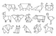 Line origami animals. Abstract polygon animals, folded paper shapes, modern japan design templates. Vector animal icons set