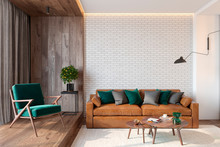 Modern Living Room Interior With Brick Wall Blank Wall, Sofa, Lounge Chair, Table, Wooden Wall And Floor, Plants, Carpet, Hidden Lighting. 3d Render Illustration Mockup.