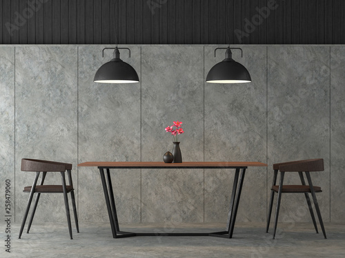Modern Loft Dining Room 3d Render There Are Polished Concrete Wall And Floor Furnished With Black Steel And Wood Furniture Decorate With Industrial Style Lamp Kaufen Sie Diese Illustration Und Finden Sie Ahnliche Illustrationen
