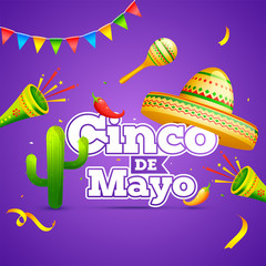 Poster - Purple flyer or poster design decorated with colorful bunting and maracas instrument for Cinco De Mayo party celebration.