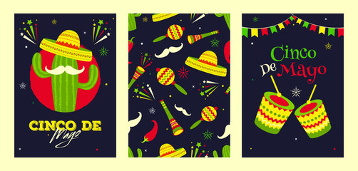 Wall Mural - Retro black background header banner or poster design for Fiesta party celebration. music instrument, red chilli and bunting decoration.
