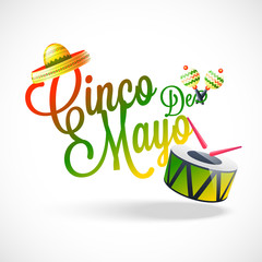 Wall Mural - Stylish text of Cinco De Mayo party celebration with music instrument on white background.