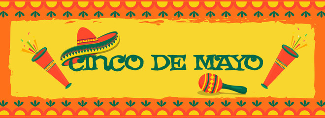 Wall Mural - Retro yellow background with bunting decoration, sombrero hat  and maracas, header banner or poster design for Fiesta party celebration.