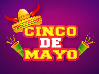 Wall Mural - Creative fiesta party flyer design with illustration of sombrero hat and red chilli on royal purple background.