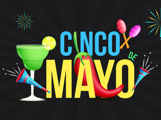 Wall Mural - Cinco De Mayo festival celebration with party elements on retro black pop art background poster or flyer design.