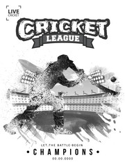 Canvas Print - Cricket Championship template or flyer design with doodle illustration of cricket batsman in playing action and details on b&w stadium view background.