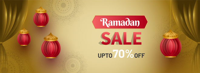 Canvas Print - Ramadan Sale, web header or banner design with lantern and flat 70% off offers on floral pattern background.