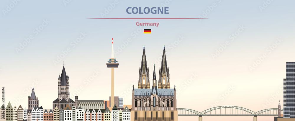 Vector illustration of Cologne city skyline on colorful gradient beautiful day sky background with flag of Germany - obrazy, fototapety, plakaty 