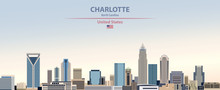 Vector Illustration Of  Charlotte City Skyline On Colorful Gradient Beautiful Day Sky Background With Flag Of United States