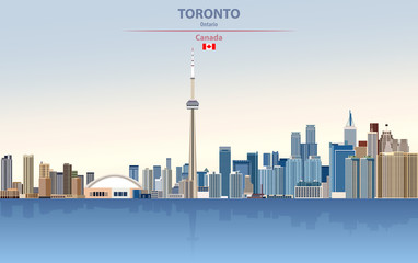 Fototapete - Toronto city skyline vector illustration on colorful gradient beautiful day sky background with flag of Canada