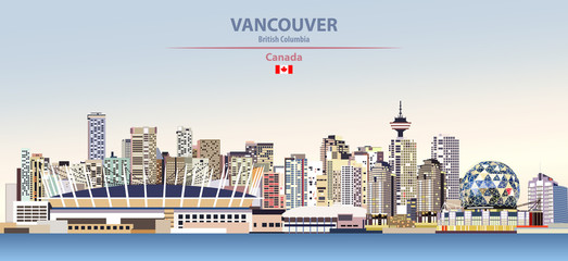Fototapete - Vector illustration of Vancouver city skyline on colorful gradient beautiful day sky background with flag of Canada