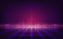 Abstract Background With Purple Neon Grids City Silhouette In Vintage Style.Can Be Used For Workflow Layout, Diagram, Web Design, Banner Template. Vector Illustration