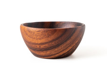 Empty Wood Bowl Or Cup In Dark Brown Color Isolated On White Table Background By Side View.