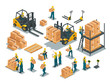 Set of isometric vector elements of warehouse design. Forklift, pallet, boxes, floor scales, manual pallet jack, men and women workers wearing working overalls and work safety helmet. 