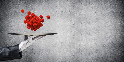 Wall Mural - Hand of waiter presenting cubes on tray.