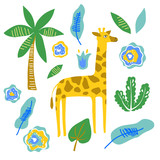 Fototapeta Pokój dzieciecy - vector yellow giraffe cute cartoon animal illustration with palm flowers set on white