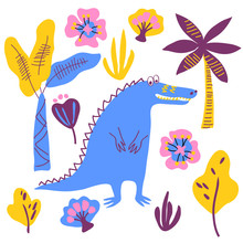 Vector Blue Crocodile Alligator Cute Cartoon Illustration With Palm Flowers Set On White