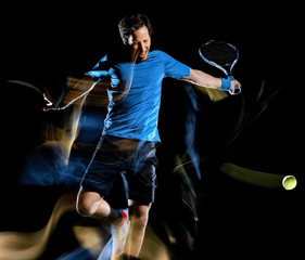 one caucasian tennis player man isolated black background in light painting speed motion