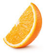 Standing ripe slice of orange citrus fruit isolated on white background with clipping path. Full depth of field.