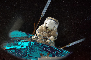 astronaut upgrade of the world planetary computer system, collage. electronic renovation, technology