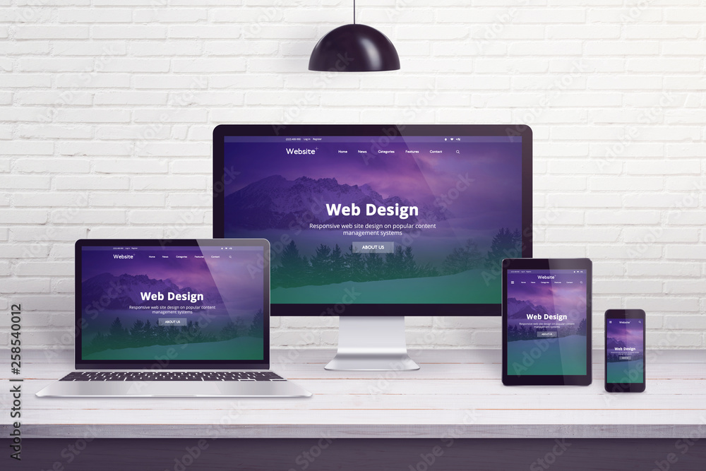 Responsive web site on multiple different display devices. Concept of web design, development work desk. - obrazy, fototapety, plakaty 